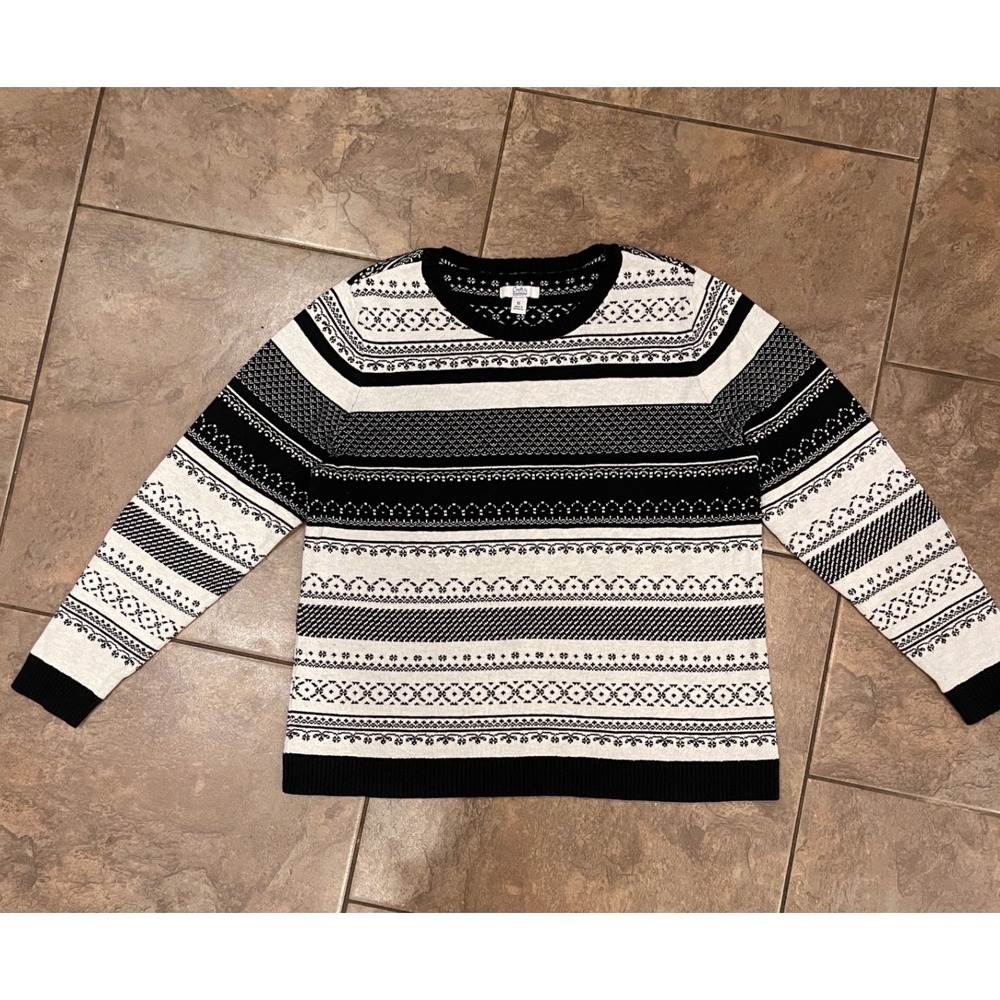 Croft & Barrow Womens XL Black White Fair Isle Striped Knit Crew Neck Sweater
